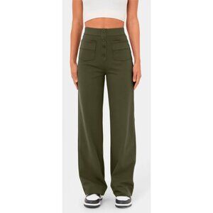 Halara High Waisted Straight Leg Sz Small Tall Womens Green Button Multi Pockets